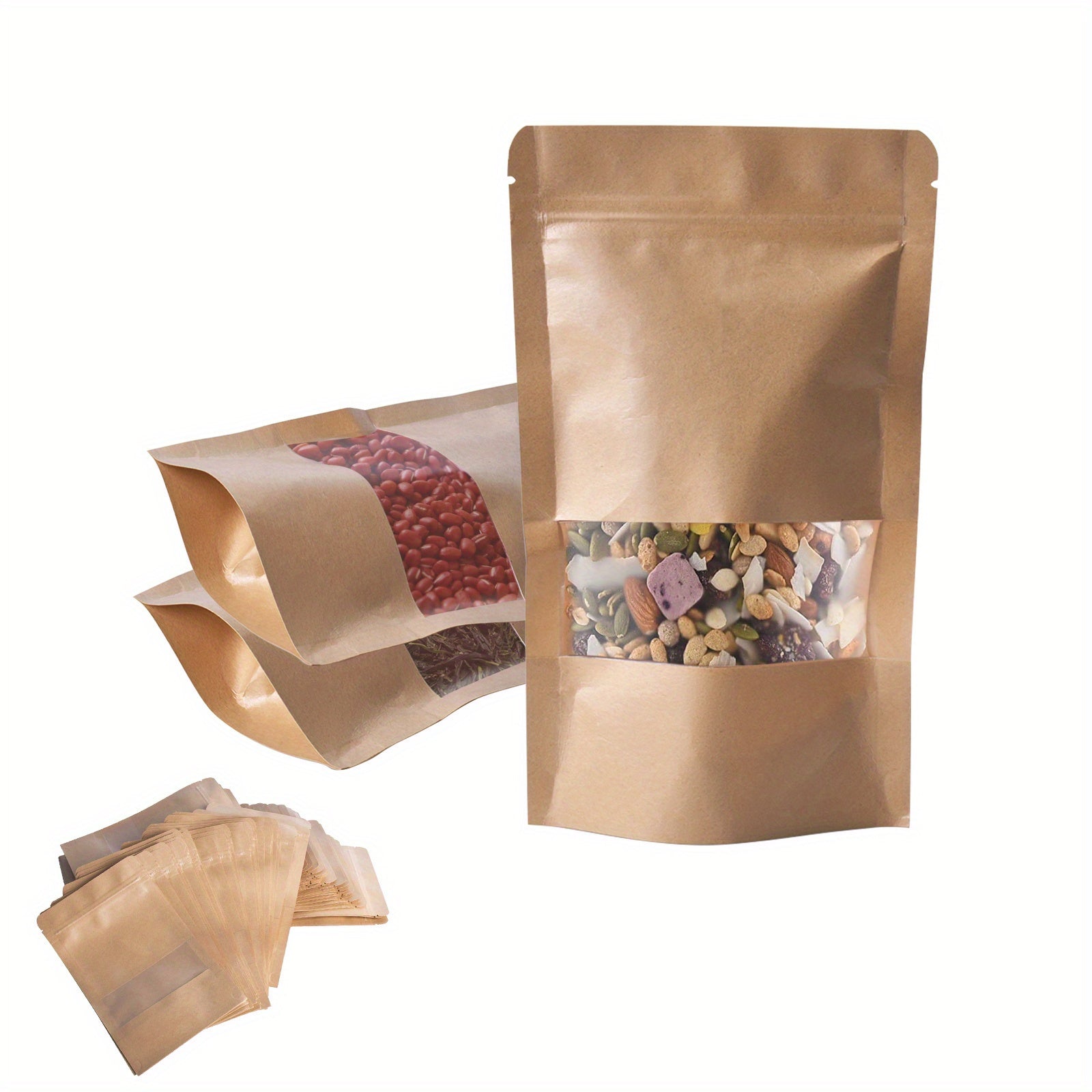100pcs Self-Sealing Kraft Paper Stand Up Pouches - Durable, Leak-Proof Storage Bags for Kitchen Essentials, Snacks, and More, Kitchen Organization | Neutral Aesthetic | Easyopen Pouches, Paper Storage Bins